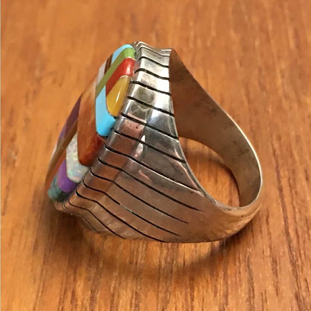 Native Silver Stone Inlay Ring Patchwork Mosaic O… - image 2